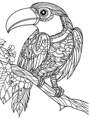 Stylized Toucan Bird With Floral Branch Design Coloring Page by Mindset Flow