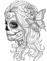 Sugar Skull Girl with Butterfly Adult Coloring Page by Mindset Flow