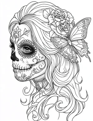 Sugar Skull Girl with Butterfly Adult Coloring Page by Mindset Flow