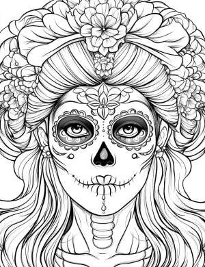Sugar Skull Girl with Flower Crown Adult Coloring Page by Mindset Flow