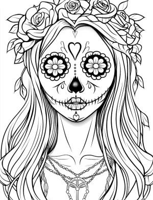 Sugar Skull Girl with Rose Crown Adult Coloring Page by Mindset Flow
