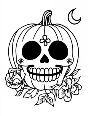Sugar Skull Pumpkin And a Moon On The Side Coloring Page by Mindset Flow