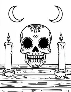 Sugar Skull With Two Candles On Each Side Coloring Page by Mindset Flow