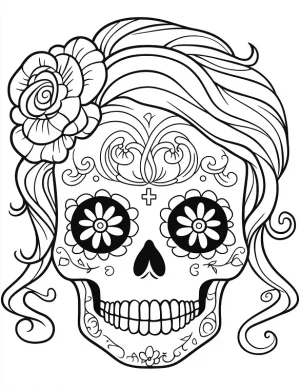 Sugar Skull with Floral Hair Design Adult Coloring Page by Mindset Flow