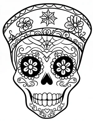 Sugar Skull with Floral Hat Adult Coloring Page By Mindset Flow