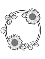 Sunflower Circular Frame with Leaves and Blooms Coloring Page