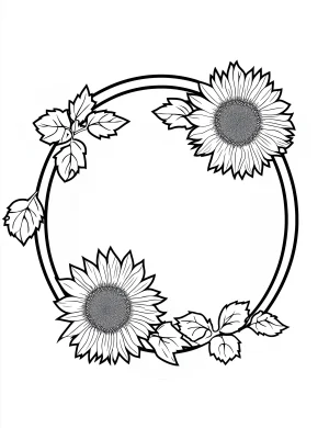 Sunflower Circular Frame with Leaves and Blooms Coloring Page