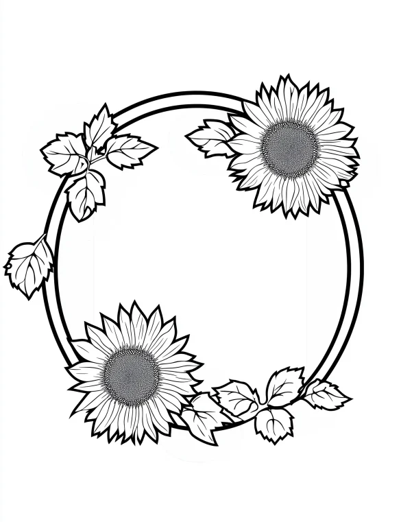 Sunflower Circular Frame with Leaves and Blooms Coloring Page