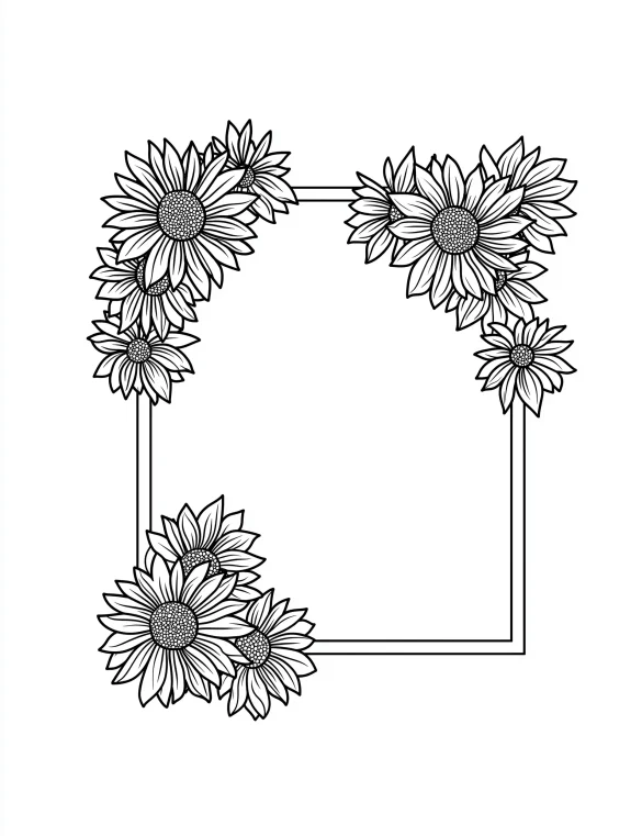 Sunflower Frame with Multiple Blooms and Leaves Coloring Page