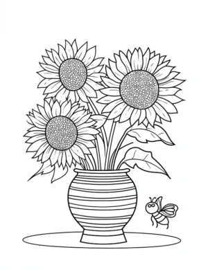 Sunflower In Vase With Bee Adult Flower Coloring Page By Mindset Flow