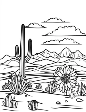 Sunflower and Cactus Forest Scene Coloring Page