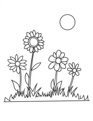 Sunflowers and Daisies Under the Moon Coloring Page