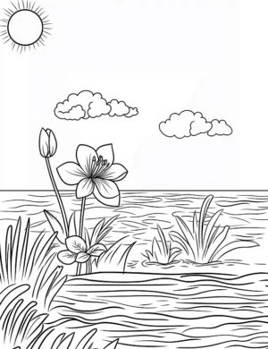 Sunny Day By The Water With Hibiscus Flower Coloring Page By Mindset Flow