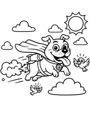 Superhero Dog Flying with Birds Coloring Page by Mindset Flow