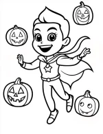Superhero Kid Surrounded by Pumpkins Halloween Coloring Page by Mindset Flow