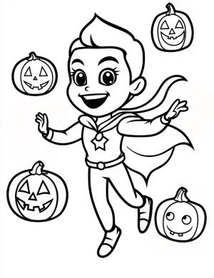 Superhero Kid Surrounded by Pumpkins Halloween Coloring Page by Mindset Flow