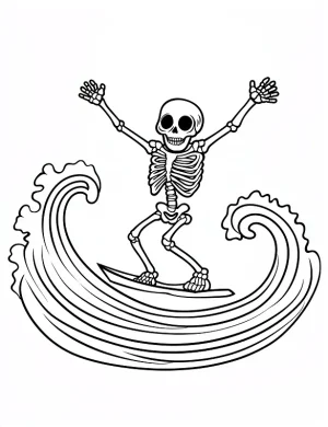 Surfing Skeleton Riding Spooky Halloween Waves Coloring Page By Mindset Flow