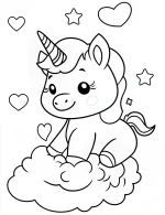 Sweet Baby Unicorn Sitting on Cloud with Hearts Coloring Page