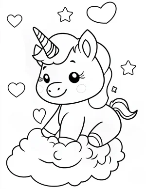 Sweet Baby Unicorn Sitting on Cloud with Hearts Coloring Page