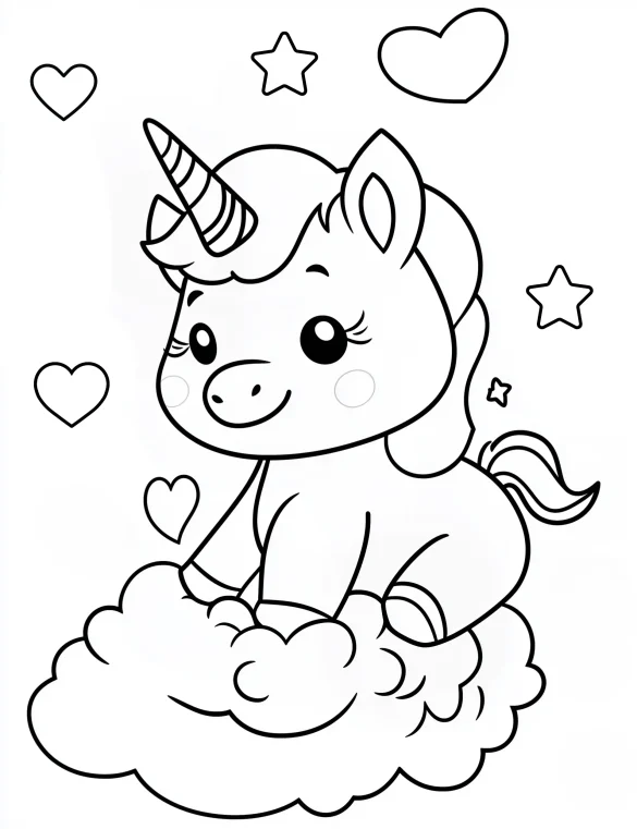 Sweet Baby Unicorn Sitting on Cloud with Hearts Coloring Page