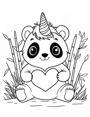 Sweet Panda Unicorn Holding Heart in Bamboo Garden Coloring Page