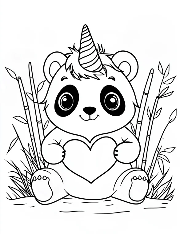 Sweet Panda Unicorn Holding Heart in Bamboo Garden Coloring Page
