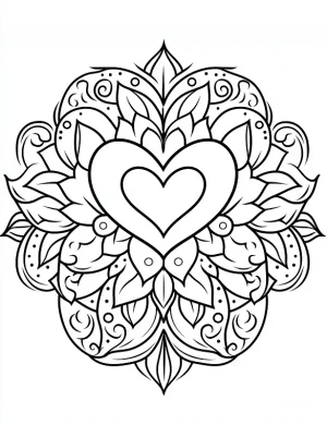 Symmetric Mandala Heart Design with Floral Elements Coloring Page by Mindset Flow