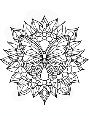 Symmetrical Butterfly Mandala with Floral Elements Coloring Page by Mindset Flow