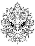 Symmetrical Peacock Mandala Face with Layered Feathers and Bold Eyes Coloring Page by Mindset Flow