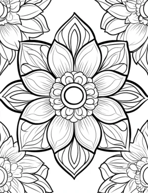 Symmetrical Sunburst Floral Mandala Repeat Pattern Coloring Page by Mindset Flow