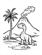 T-Rex in Front of Volcano with Palm Tree and Rocks Coloring Page