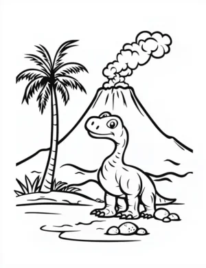 T-Rex in Front of Volcano with Palm Tree and Rocks Coloring Page