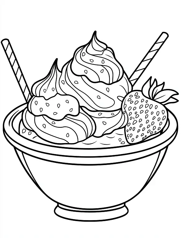 Tasty Ice Cream Bowl with Strawberries Printable Coloring Page By Mindset Flow