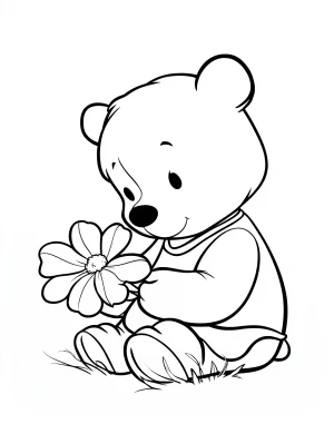 Teddy Bear Sitting and Holding a Wildflower Coloring Page