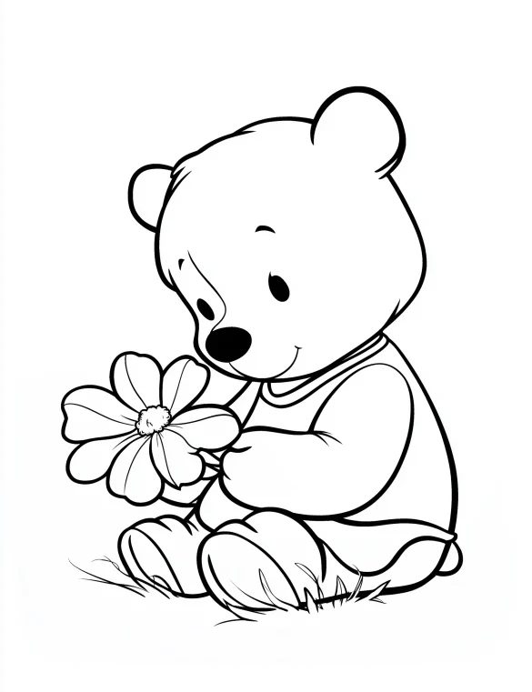 Teddy Bear Sitting and Holding a Wildflower Coloring Page