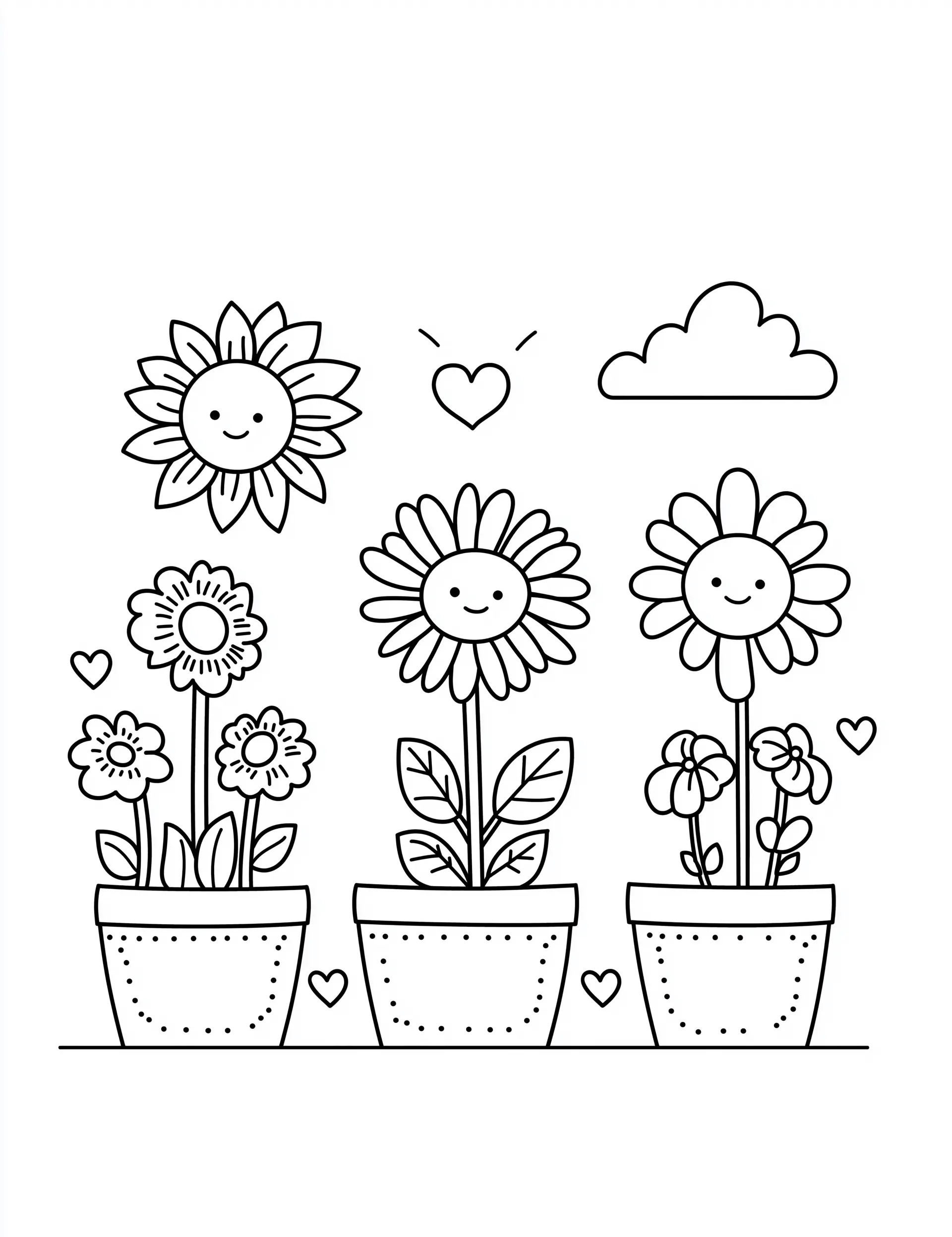 Three Cute Flowerpots with Smiling Sunflowers Coloring Page