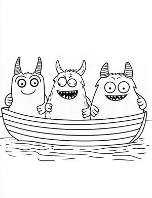 Three Silly Monsters in a Boat Halloween Coloring Page by Mindset Flow