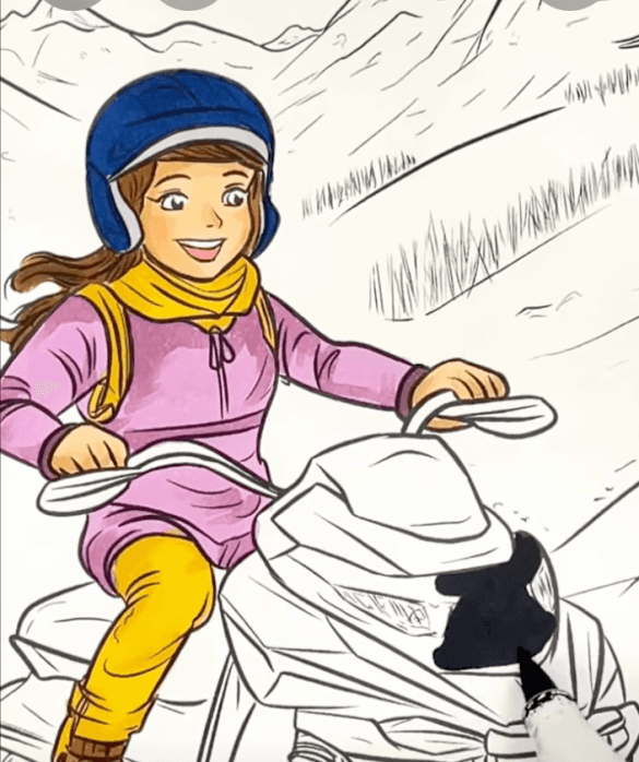Thrilling Snowmobile Ride Girl Adult Coloring Page-HowToVideo