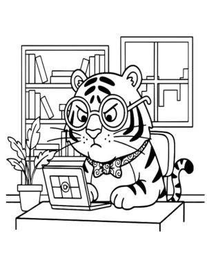 Tiger Wearing Glasses on Laptop Coloring Page by Mindset Flow