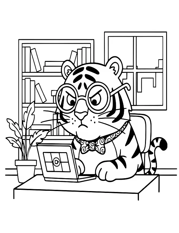 Tiger Wearing Glasses on Laptop Coloring Page by Mindset Flow Tiger Wearing Glasses on Laptop Coloring Page by Mindset Flow