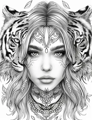 Tiger Woman With Intricate Designs Adult Coloring Page By Mindset Flow
