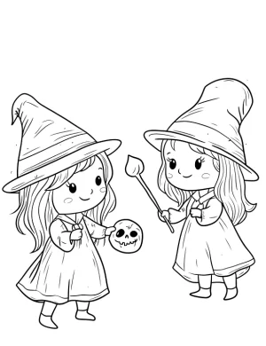 Tiny Witches In Adorable Whimsical Costumes With Pointy Hats Coloring Page by Mindset Flow