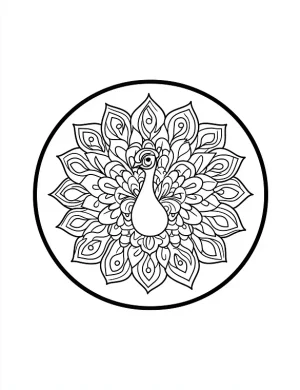 Traditional Mandala with Peacock Feathers and Symmetrical Patterns Coloring Page by Mindset Flow