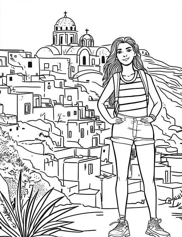 Traveler Girl in Front of Santorini Greece Village Adult Coloring Page By Mindset Flow