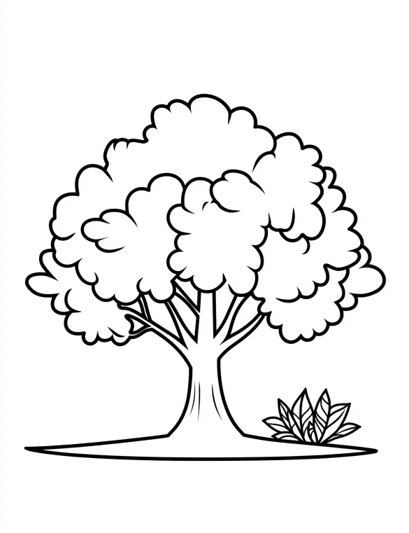 Tree Canopy with Fluffy Leaves and Bush Illustration Coloring Page