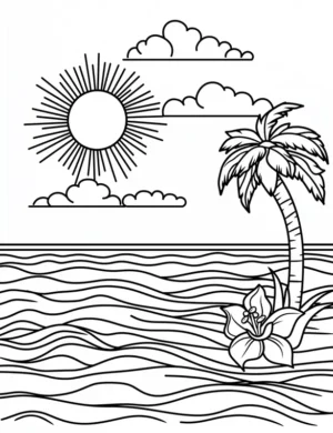 Tropical Beach with Palm Tree and Lily Flower Printable Coloring Page