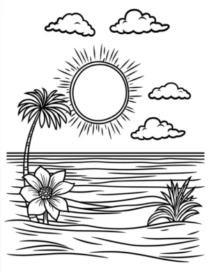 Tropical Beach with Sun Palm Tree and Daffodil Flower Coloring Page