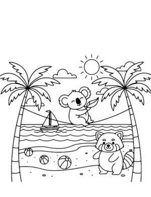 Tropical Koala Tightrope Beach Coloring Page By Mindset Flow