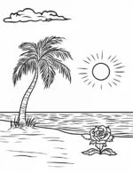 Tropical Paradise Beach with Palm Tree Rose and Sun Coloring Page