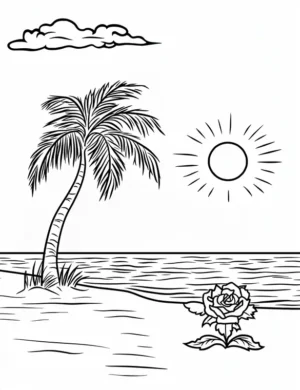 Tropical Paradise Beach with Palm Tree Rose and Sun Coloring Page
